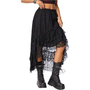 Women Black Maxi Skirt High Low Asymmetrical Lace Ruffle Hem Western Skirt